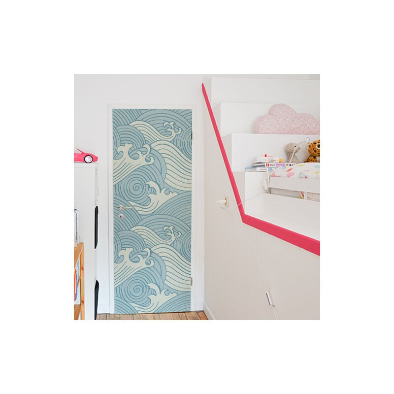 Sticker Porte Asie Bleu et Blanc, Adhésif Décoratif 204x83cm pour Portes, Placards et Murs - Décoration Intérieure Originale et Unique