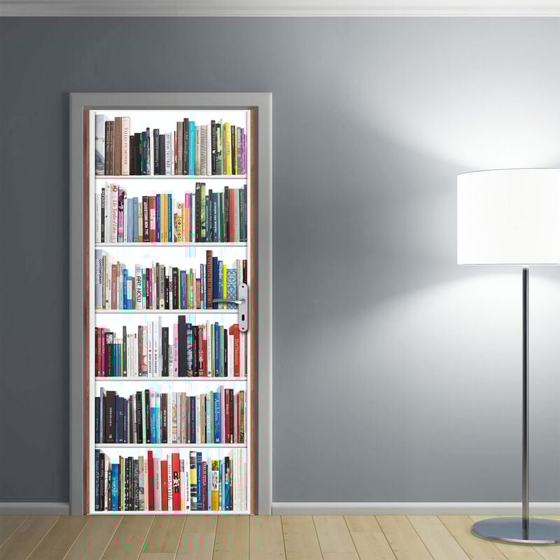 Sticker porte, Bibliothèque Moderne en Trompe l'Oeil sur Fond Blanc, 204 cm x 73 cm