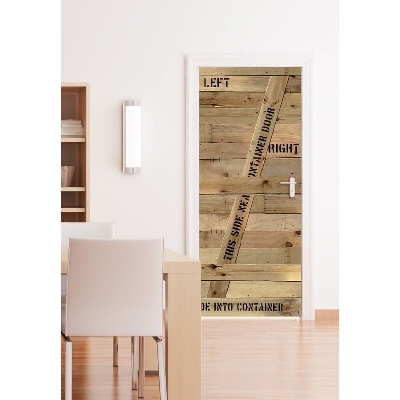 Sticker mural trompe l'oeil 204 cm x 83 cm, décoration porte, effet bois clair.