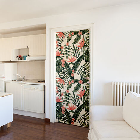 Sticker Porte Déco Roses Exotiques, 204 cm X 83 cm - Décoration Murale Plantes Fleuries