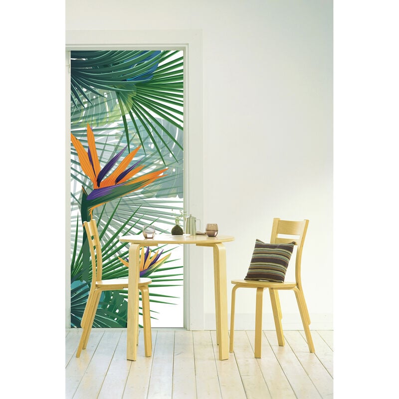 Sticker Porte Fleurs Oiseaux du Paradis, Feuilles Tropicales, 204 cm x 83 cm, Oranges - Décoration Murale
