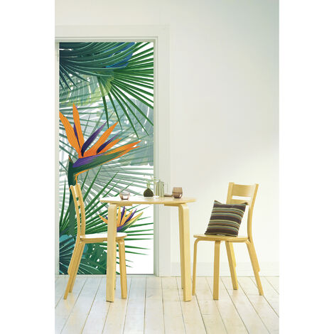 Sticker Porte Fleurs Oiseaux du Paradis, Feuilles Tropicales, 204 cm X 83 cm, Oranges - Décoration Murale