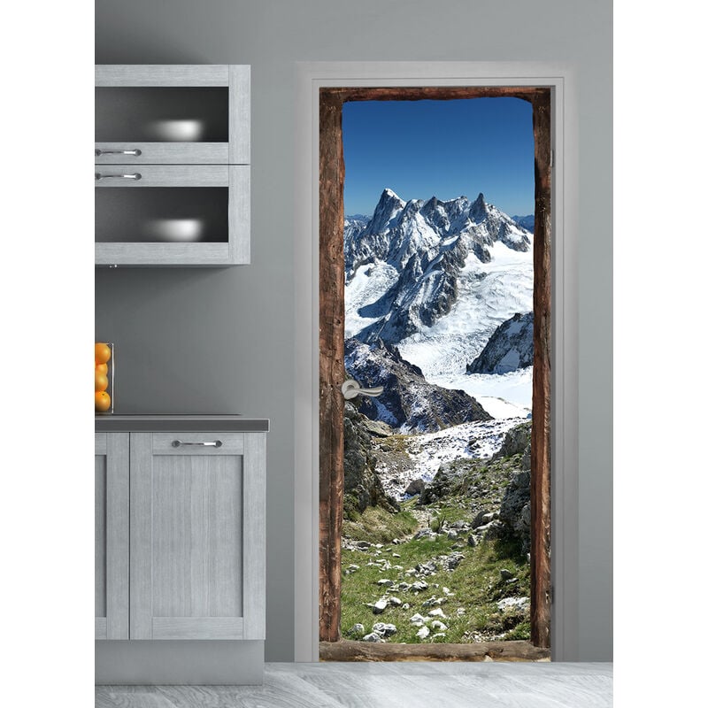 Plage - Sticker Porte Trompe l'oeil Bois Montagne Neige 204 cm x 83 cm