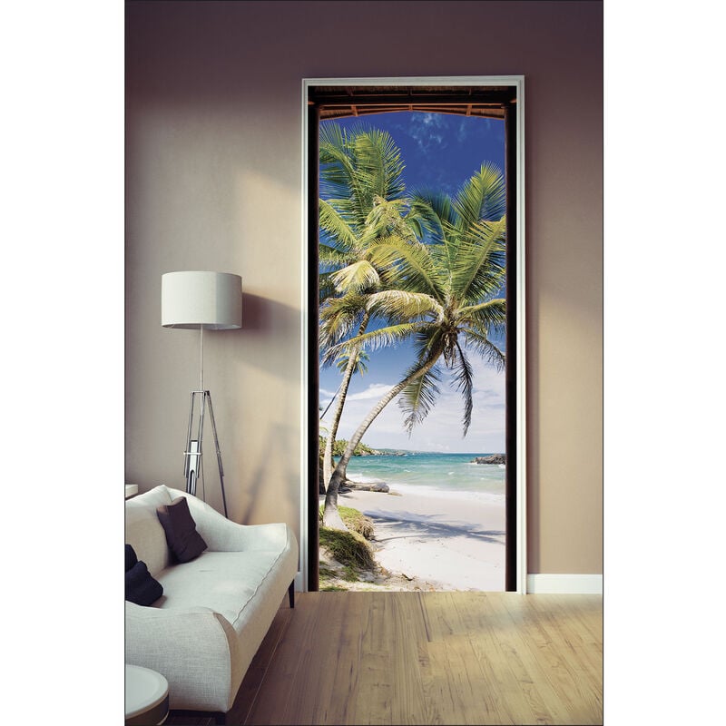 Sticker mural décoratif pour porte, Paillote avec les palmiers, Sable blanc, Bord de mer, Île, 204 cm x 83 cm