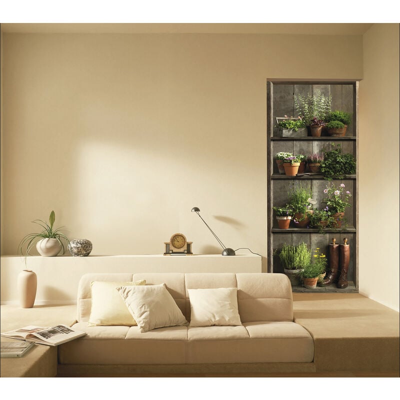 Sticker mural décoratif vintage, étagère champêtre avec bottes anciennes et pots de fleurs, 204 cm X 83 cm