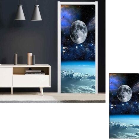 Sticker Porte Photo 3D - Décoration Chambre Trompe-l'œil Planète Spatiale Bleue Amovible