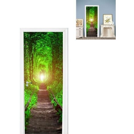 Sticker Porte Photo - Paysage Vert 3D, Papier Peint Voie Ferrée, Autocollant Trompe-l'Œil pour Décoration de Porte