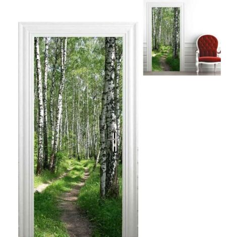 Sticker Porte Photo - Poster Paysage Forêt de Bouleaux 3D, Papier Peint Porte Trompe-l'œil pour Décoration Salon