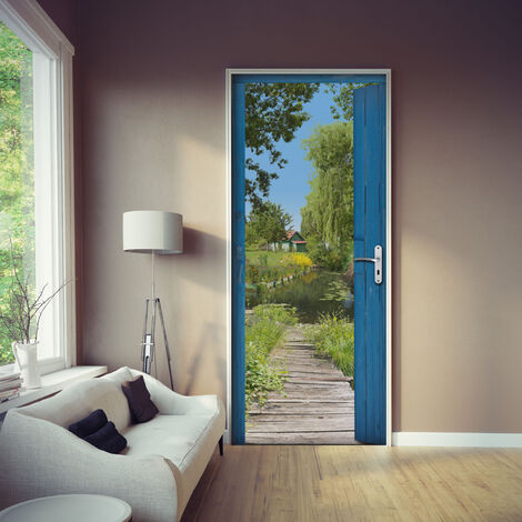 Sticker porte, ponton au bord d'un marais avec une nature verdoyante, 204 cm X 60 cm