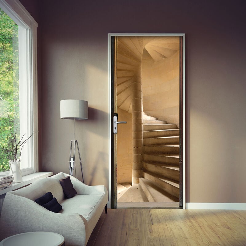Sticker porte, porte en bois ouverte sur un escalier en pierre, style forteresse, 204 cm x 73 cm