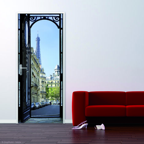 Sticker porte, porte en fer sur rues de paris tour eiffel, immeubles parisien, 204 cm X 73 cm