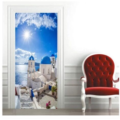 Sticker Porte Poster Trompe-l'œil - Paysage de Santorin 77 x 200 cm - Décoration Murale Autocollante pour Cuisine, Salon, Chambre