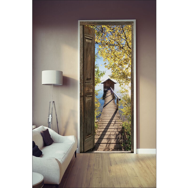 Sticker mural décoratif pour porte, trompe l'oeil porte en bois ouverte avec vue sur un ponton et une cabane au-dessus d'un lac, 204 cm x 83 cm