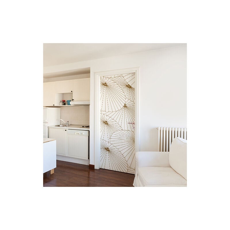 Sticker porte, Sticker autocollant ombrelles blanches et or pour portes, 204 cm x 60 cm