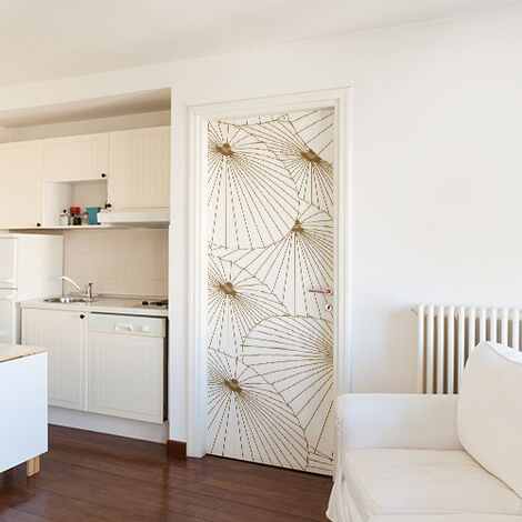Sticker porte, Sticker autocollant ombrelles blanches et or pour portes, 204 cm X 60 cm