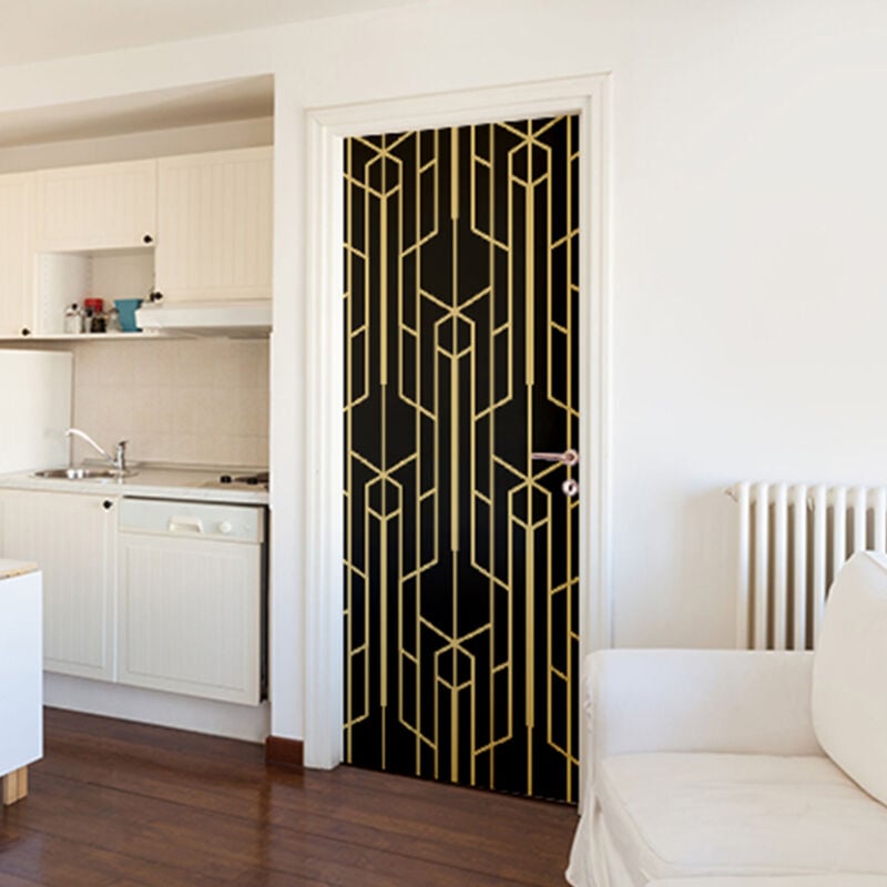 Sticker Autocollant Géométrique Or et Noir, 204 cm x 83 cm pour Porte