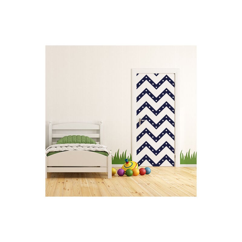 Sticker Porte Déco Intérieure Chevrons Bleus et Blancs à Pois, 204 cm x 83 cm - Décorez votre Intérieur avec Style et Élégance