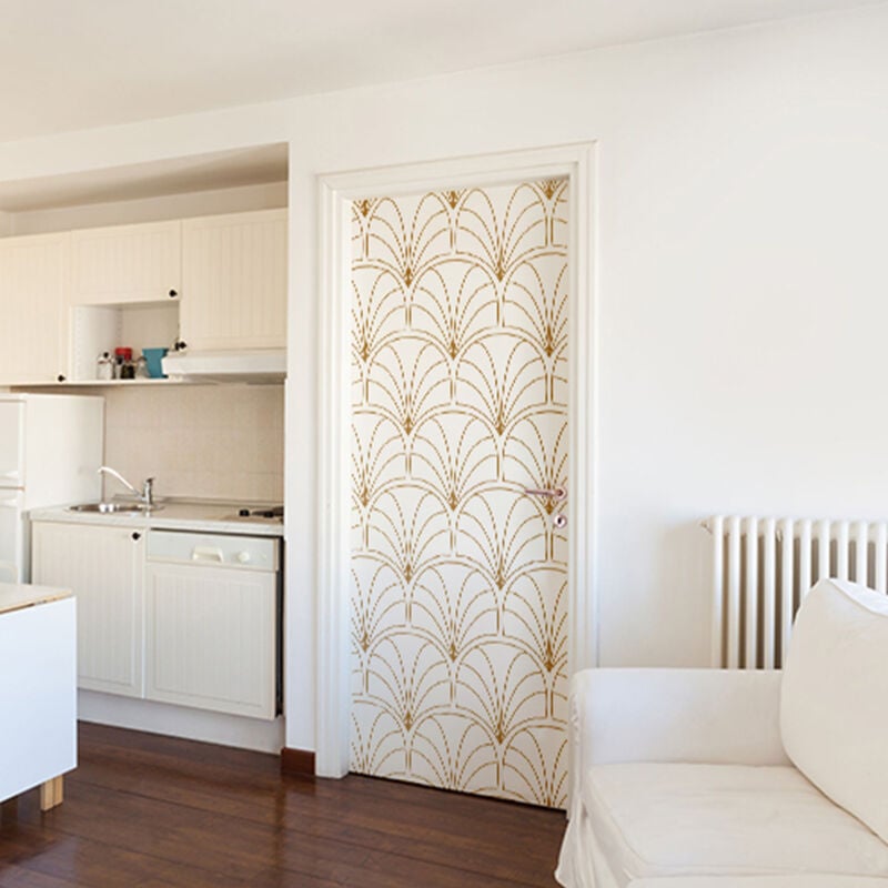 Sticker Porte Déco Éventail Doré, 204 cm x 83 cm, Déco Intérieure Murale, Autocollant Mural Design