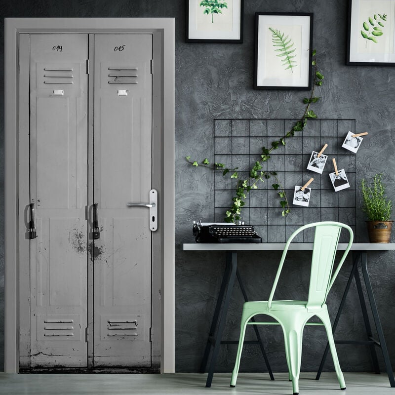 Sticker porte, trompe l'oeil armoire industrielle métallique gris aspect vieilli, 204 cm X 60 cm