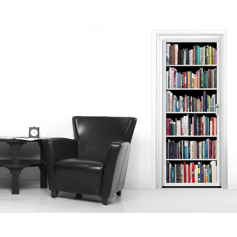 Sticker porte, trompe l'oeil bibliothèque moderne blanche, mélange de littérature, 204 cm x 60 cm