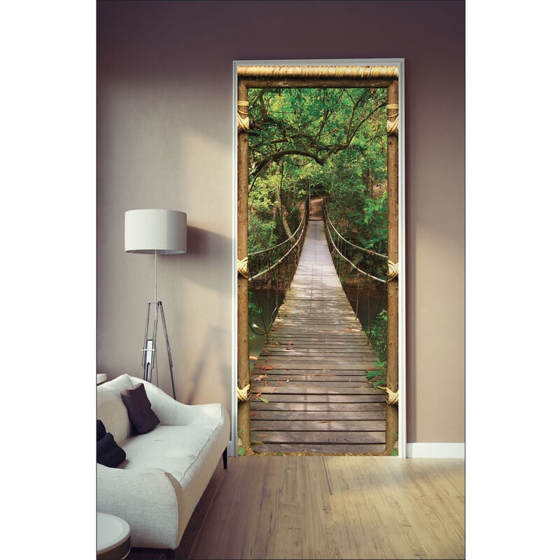 Sticker mural trompe l'oeil, déco porte cabane, pont suspendu forêt tropicale, 204x83cm: donnez une touche d'originalité à votre intérieur