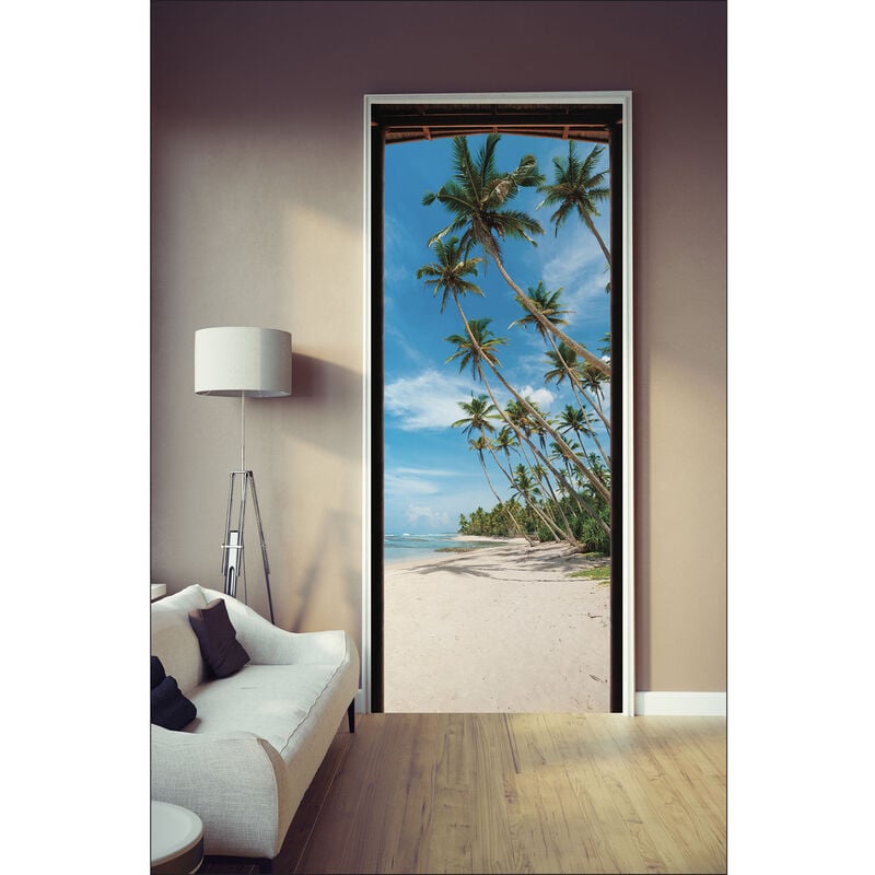 Sticker porte, trompe l'oeil paillote qui donne Plage de sable blanc palmiers, 204 cm x 60 cm