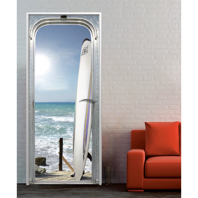 Sticker porte, trompe l'oeil planche sur ponton front de mer sous un ciel radieux, 204 cm x 73 cm