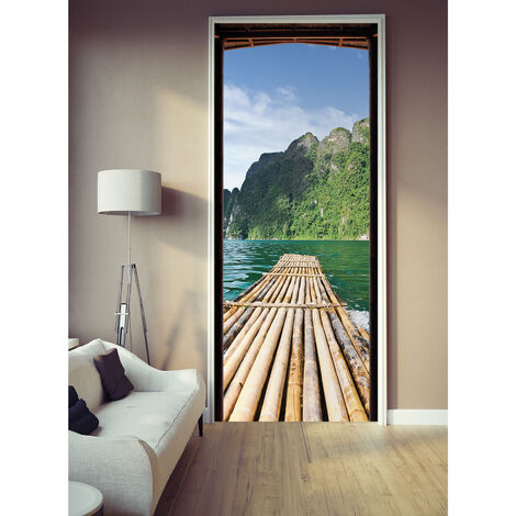 Sticker porte trompe l'oeil Ponton en bois 204x83cm, Déco porte ouverte, Rochers verts, Décoration intérieure murale