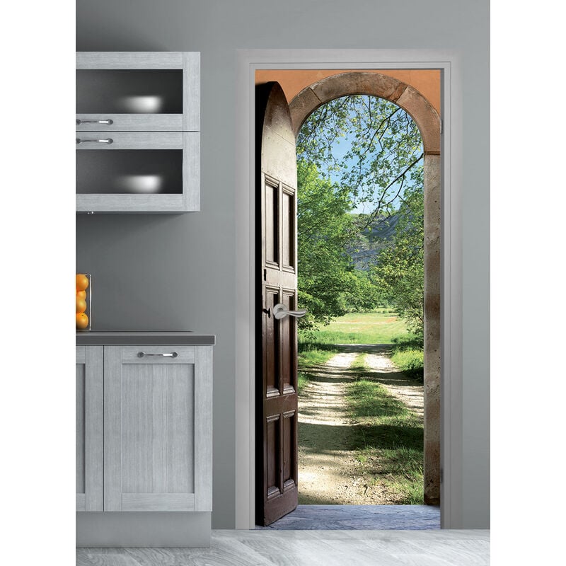 Sticker porte, trompe l'oeil porte bois ouverte sur chemin vers prairie, 204 cm x 73 cm