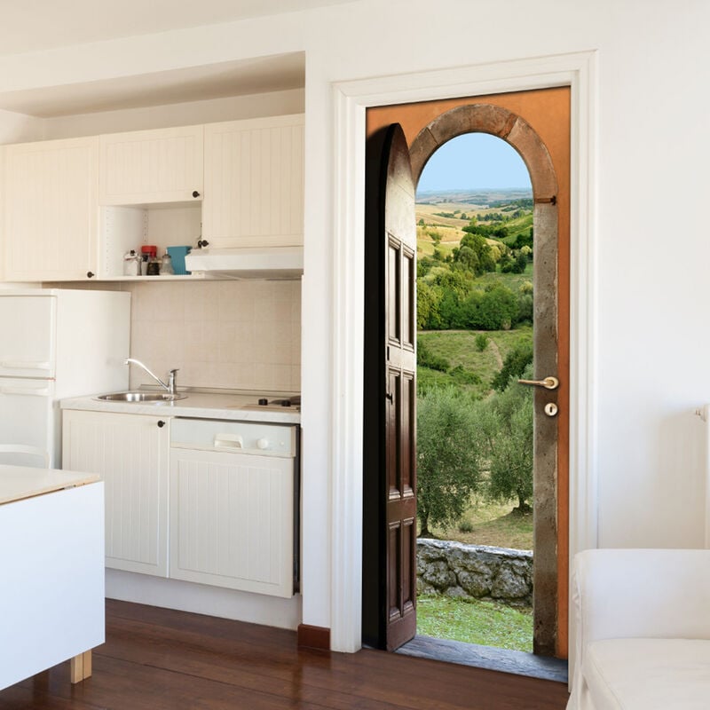 Sticker porte, trompe l'oeil porte en bois ouverte sur les colines vertes et boisées, 204 cm x 60 cm