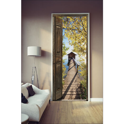 Sticker porte, trompe l'oeil porte en bois ouverte vue d'automne, 204 cm X 73 cm
