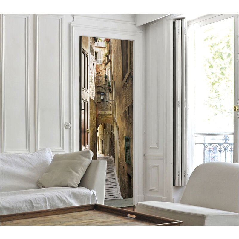 Sticker porte, trompe l'oeil rue piétonne, porte en bois sur une ruelle, 204 cm x 60 cm
