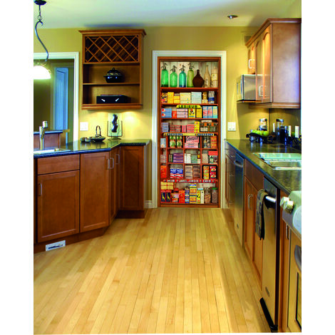 Sticker porte, trompe l'oeil vintage, étagère en bois, épicerie ancienne, 204 cm X 73 cm