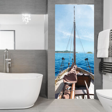 Sticker porte, vue d'un vieux navire typique sur l'océan calme et bleu marine, 204 cm X 60 cm