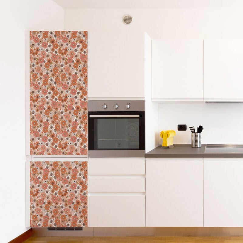 Sticker réfrigérateur et lave vaisselle, fleurs seventies Rose, 180 cm X 59,5 cm