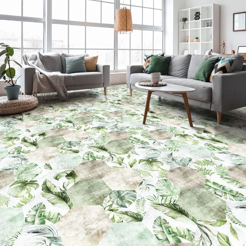 Stickers Sol Anti-dérapant avec Protection - sol hexagones tropicaux vert - 1 sticker de 60x100cm