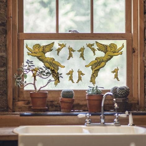 Sticker Vitre Noël Doré 23x67cm - Déco Fenêtre Électrostatique Ange Joyeux Noël - Autocollant Mural Décoratif pour Intérieur et Extérieur