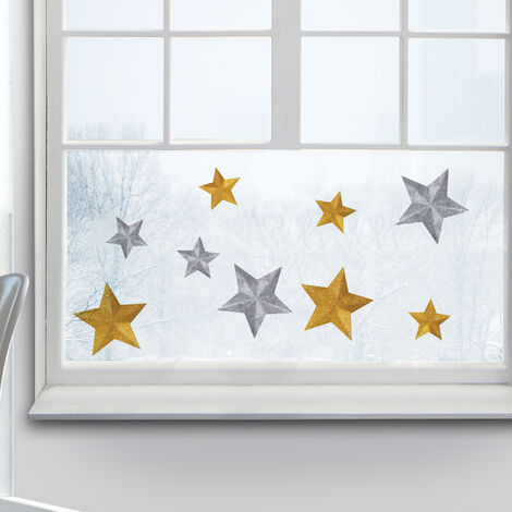 Sticker Vitre Noël Étoiles Dorées et Argentées, 23 cm X 67 cm, Autocollant Electrostatique pour Fenêtre et Vitre