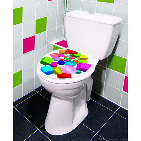 Sticker WC 3D moderne, 33x38cm, déco abattant toilettes, cubes de couleurs variées.