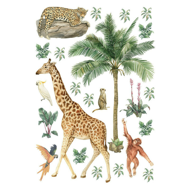 Stickers animaux de la jungle : girafe, singe et oiseaux - 1 planche 30x30cm - Multicolor
