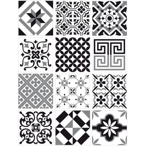 Stickers Carreaux de Ciment GREYBLACK – Planche de 12 Autocollants Muraux Noir Gris Blanc – 10 x 10 cm