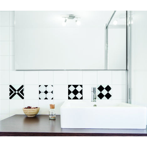 Stickers Carrelage 3D Relief Autocollant 15x15 cm, x4 - Design Graphique Noir et Blanc - Décoration Carrelage avec Style 