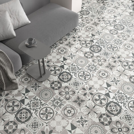 Stickers carrelage de sol anti-dérapant - Motif carreaux de ciment - 120x120 cm - Recouper en 4 x 60 cm pour une pose plus facile