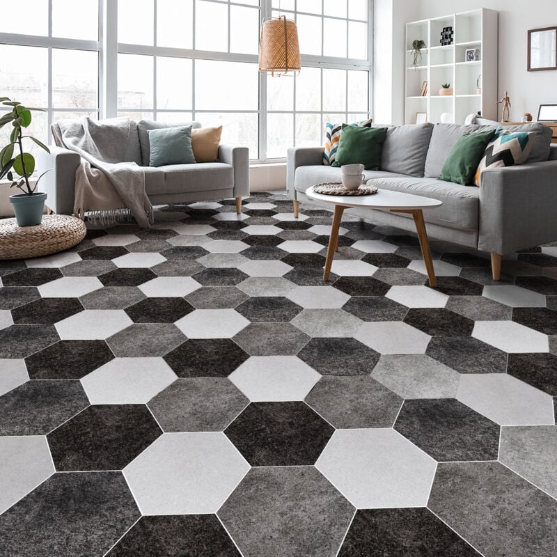 Stickers Sol Anti-dérapant avec Protection - carrelages hexagones nuances de gris - 40x90cm-10stickershexagones20x18cm