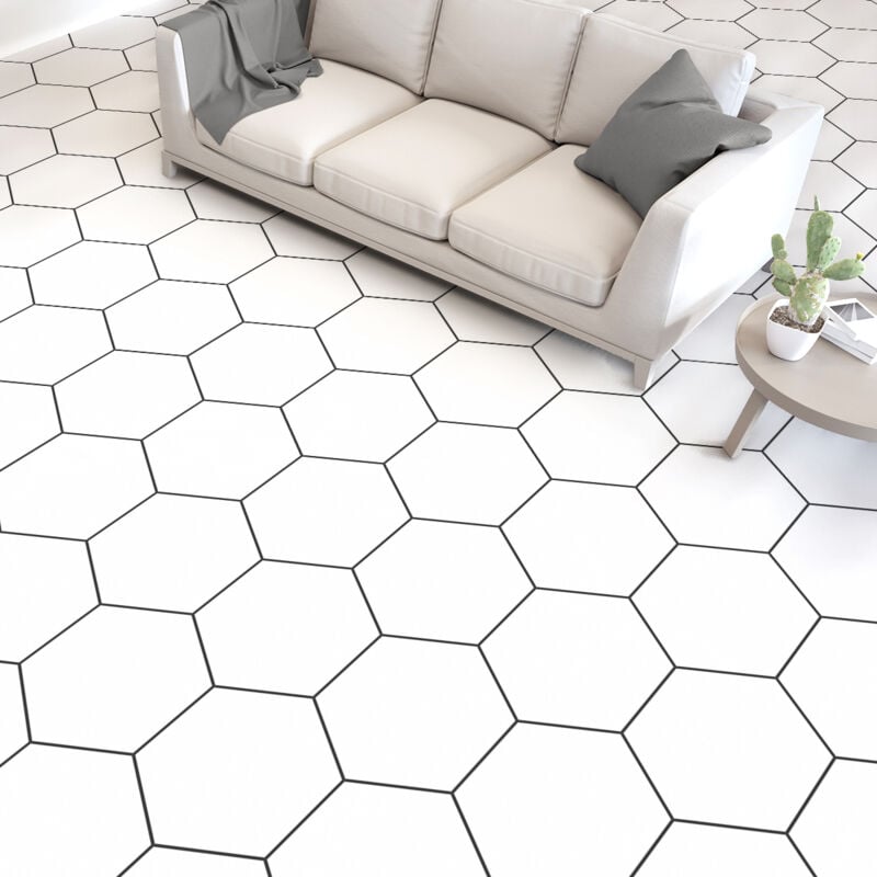 Stickers Sol Anti-dérapant avec Protection - carrelages blanc dessin des hexagones - 1 sticker de 60x100cm