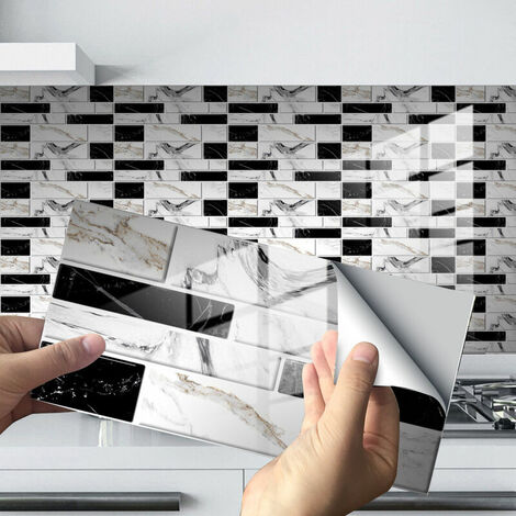 Stickers Cuisine et Salle de Bain Autocollant Mural Adhésive Décorative à Carreaux de Ciment Adhesif pour Carrelage Mural pour Salle de Bain ou Cuisine Autocollant (Noir Blanc,24pcs)