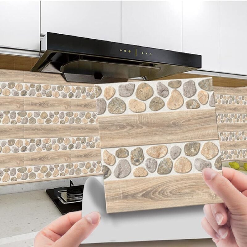 Lntyq Stickers Cuisine Galets De Grain De Bois Credence Adhesive Pour Cuisine Pvc Carrelage Adhesif Mural Étanche Salle De Bains Stickers Muraux