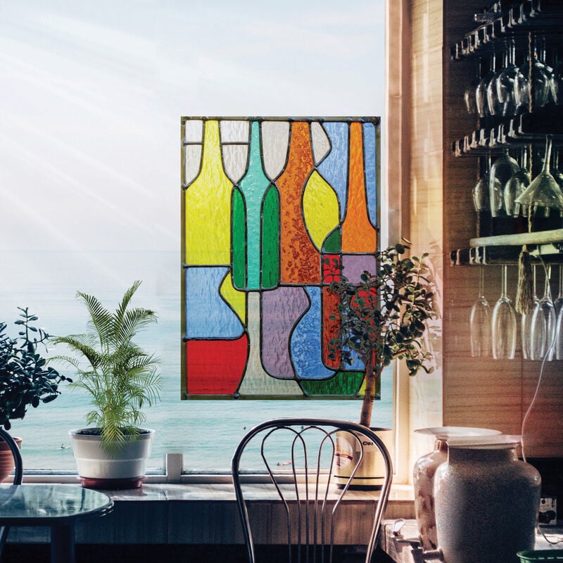 Plage - Sticker Autocollant Électrostatique Vitrail pour Vitre 67 cm x 47 cm, Illustration Bouteilles Multicolores, Décoration Intérieure Maison