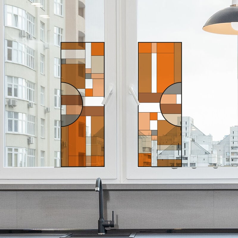 Sticker Vitrail Géométrique 67x47cm - Décoration Marron, Orange et Gris pour Vitre, Forme électrostatique