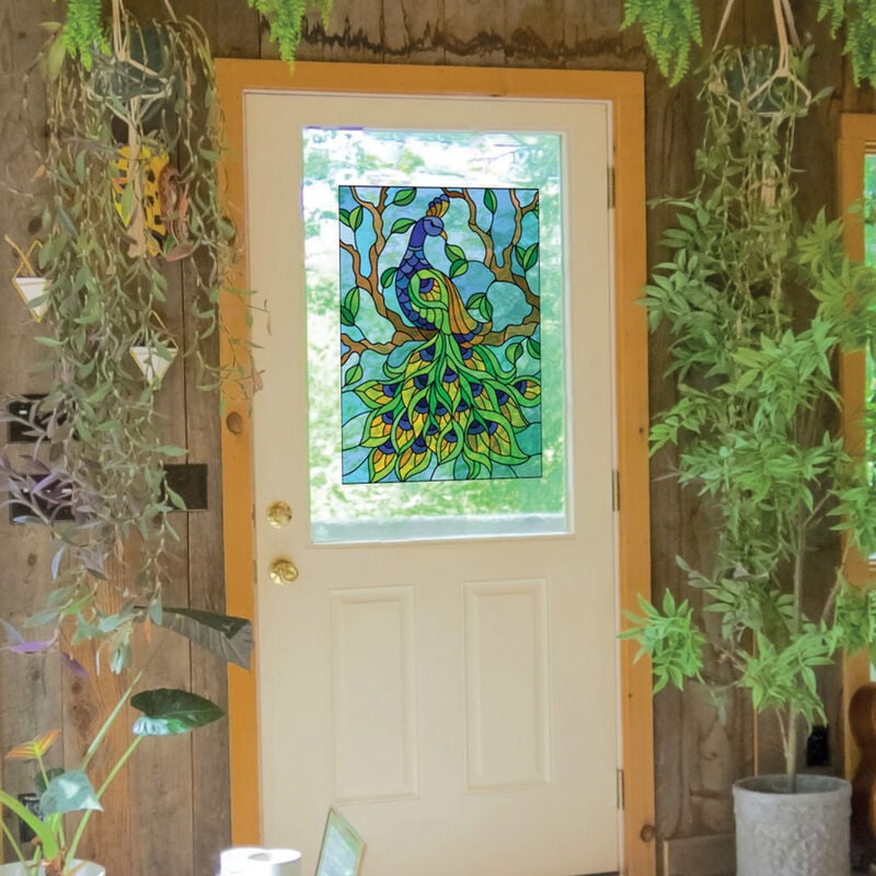 Sticker Autocollant Electrostatique Paon Bleu Orange 67x47cm pour Vitre - Décoration Vitrail